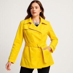 London Fog Womens Bright Yellow Trench Rain Coat XG XL Belted Double Breasted